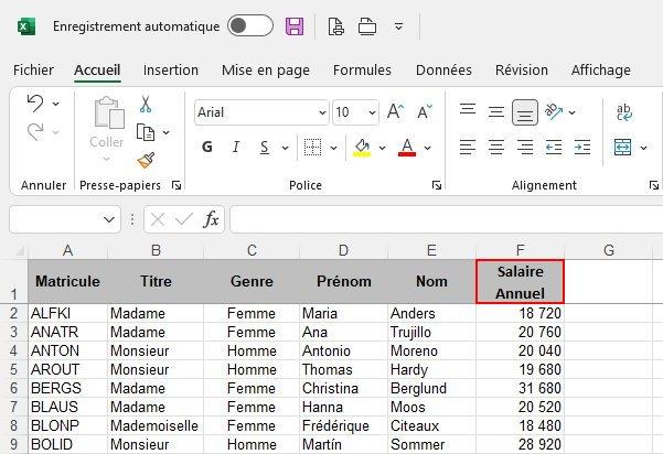 En cellule F1, le terme "salaire annuel" apparait sur deux lignes