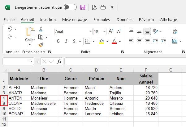 On voit dans la colonne de gauche que les chiffres de ligne passent de 4 à 8