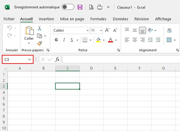 Image du logiciel Excel. La case C3 à côté de la case de formule est sélectionnée