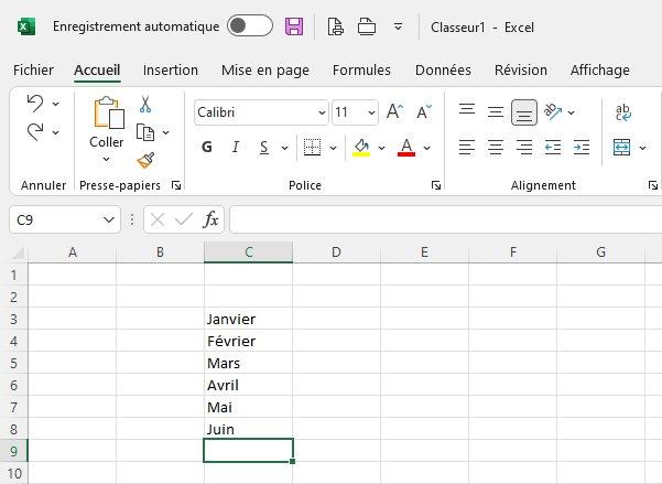Il y a dans la cellule C3 le mot Janvier puis en C4 février, en C5 mars, en C6 avril, en C7 mai et en C8 juin