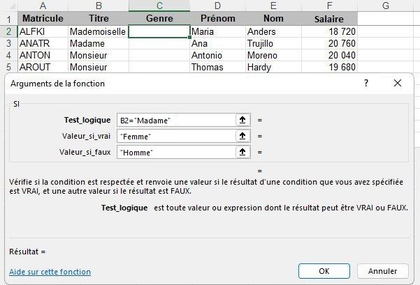 Il est indiqué "test logique B2="madame"/ Valeur_si_vrai "femme"/ Valeur_si_faux = "homme"". La cellule B2 = "mademoiselle"
