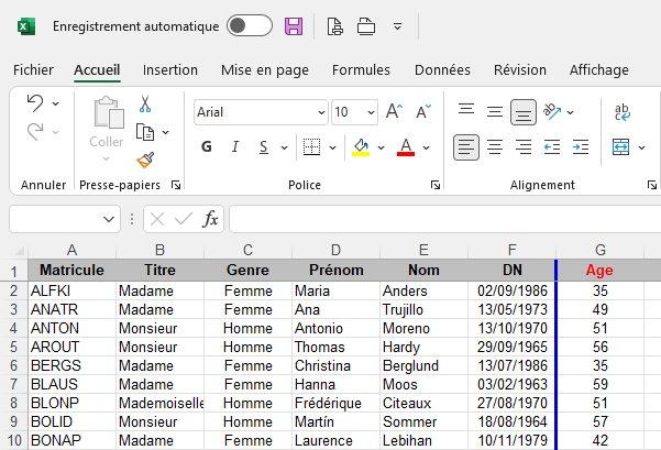 Une barre bleue est visible entre les deux colonnes F et G